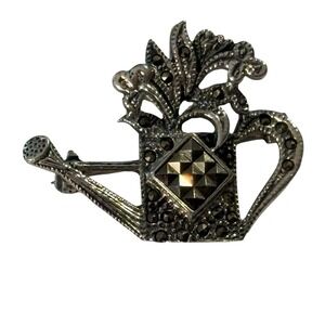 Watering Can Brooch Pin Sterling Silver 925 Marcasite Floral Gardening Gift‎ VTG